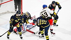 Jií Smejkal v souboji ped védskou brankou.