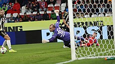 Budjovický branká Martin Janáek skáe po míi v utkání s Plzní.