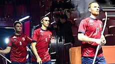 etí florbalisté Adam Hemerka (9), Luká Punochá (4) a Ondej Nmeek (71)...