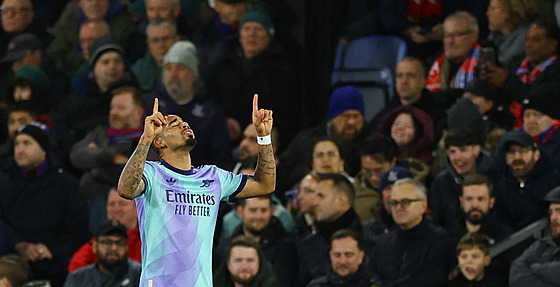 Gabriel Jesus z Arsenalu si vychutnává trefu do sít� Crystal Palace.