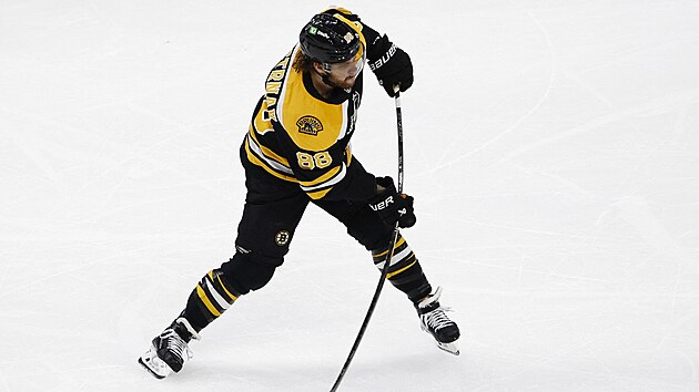 David Pastr�ák z Boston Bruins pálí v utkání s Buffalo Sabres.
