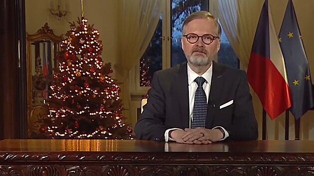 Premiér Petr Fiala p�i váno�ním projevu, který p�ednesl 26. prosince 2024