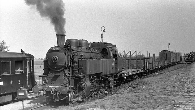 Lokomotiva 423.0157 v �ele manipula�n�ho vlaku ve stanici Bo�ice. GPS: 50.0160217N, 15.0150864E