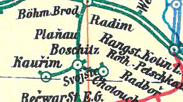V��ez z �elezni�n� mapy z roku 1911, kde je tra� do Bo�ic zachycen�.