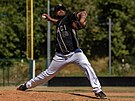 Baseballov� nadhazova� Juan Jaime (vlevo) v dresu Drak� Brno p�i z�pase �esk�...