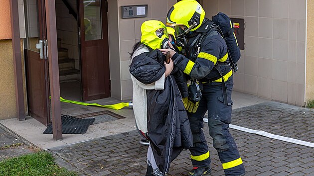 Pt jednotek hasi zasahovalo u poru panelkovho bytu ve Frdku-Mstku. Osm lid vyvedli ven v dchacch maskch, est z nich museli oetit zdravotnci. (29. prosince 2024)