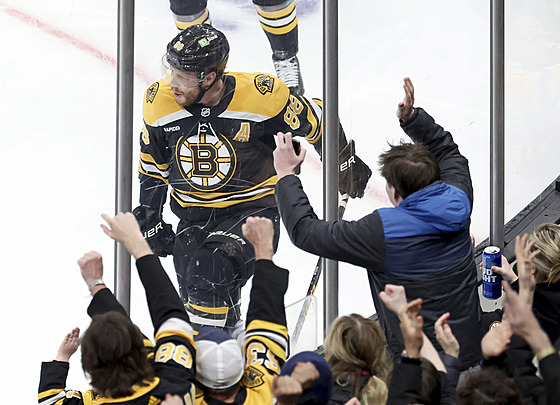 David Pastr�ák z Boston Bruins slaví trefu proti New York Islanders.