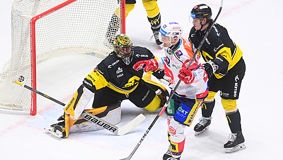 Pardubický Tomá� Vondrá�ek p�ekonává litvínovského branká�e Mateje Tomka.