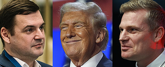 Zleva: Petr Macinka, Donald Trump, Filip Turek