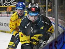 Bud�jovický �imon Kubí�ek a litvínovský Nicolas Hlava v akci u mantinelu.