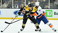 Pavel Zacha z Boston Bruins si kryje puk p�ed Anthonym Duclairem z New York...