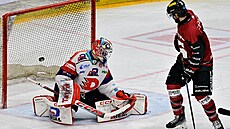 Branká� Tomá� Vomá�ka z Pardubic inkasuje gól po st�ele Michaela �pa�ka ze...