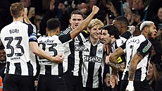 Hrá�i Newcastlu slaví vst�elenou branku v utkání s Arsenalem.