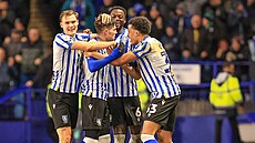 Fotbalisté z Sheffieldu Wednesday oslavují spoluhráe Joshe Windasse, který se...