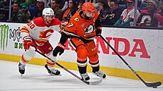 Radko Gudas (7) z Anaheim Ducks si hlídá puk p�ed Blakem Colemanem z Calgary...