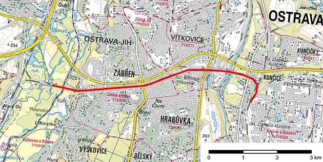 Mapka úseku elezniní trati mezi zastávkami Ostrava - Svinov a Ostrava -...