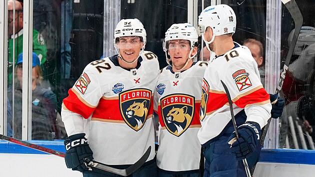 �to�n�k Tom� Nosek (92) z Floridy slav� se spoluhr��i g�l.