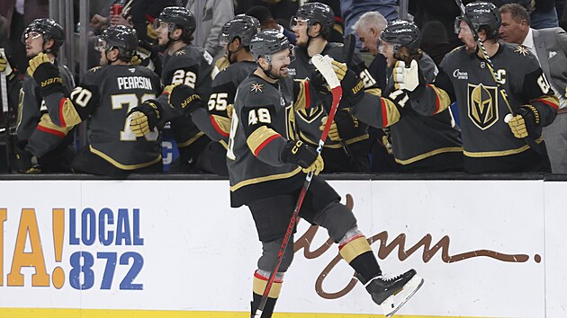 Tom� Hertl oslavuje se spoluhr��i branku.