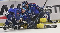 Yohann Auvitu a Petr Ha�ek z Vítkovic pacifikují Mat�je Ma�talí�ského z...