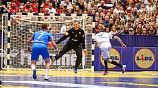 Branká� Tomá� Mrkva zasahuje na MS v Herningu b�hem zápasu s N�meckem.