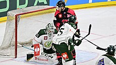 Jani Lajunen ze Sparty cloní před brankářem Maximem Lagacém z Färjestadu.