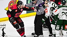 Miroslav Forman ze Sparty v poty�ce s hrá�i Färjestadu.