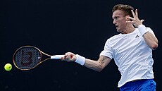 Ji�í Lehe�ka hraje forhend ve druhém kole Australian Open.