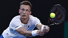 Ji�í Lehe�ka hraje bekhend v prvním kole Australian Open.