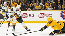 Tomáš Hertl se snaží prosadit proti obraně Nashvillu.