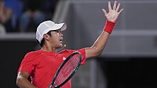 Ameri�an Learner Tien gestikuluje ve druhém zápase Australian Open.