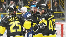 Litvínov�tí hokejisté slaví branku v utkání s Kometou Brno.