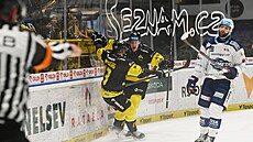 Kristaps Zile z Litvínova slaví gól s Filipem Sandbergem, vpravo smutní Libor...