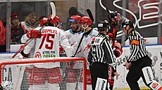 T�ine�tí hokejisté slaví gól v utkání s Olomoucí.