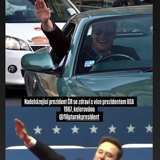 Kolá� sdílená na ú�tu Filipa Turka s nap�a�enými pravicemi Turka a Elona Muska....