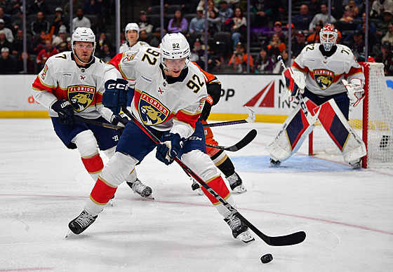 Tomá� Nosek (92) z Florida Panthers krotí puk.