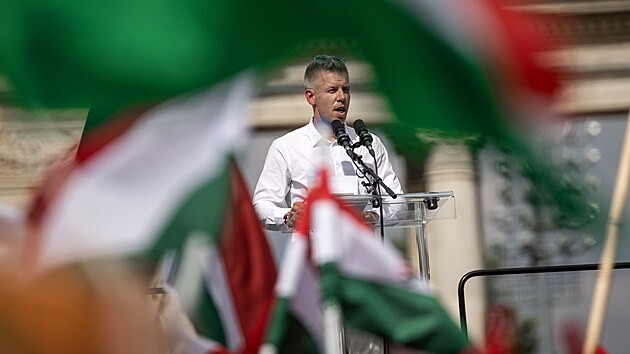 Mtink maarskho opozinho politika Ptera Magyara na budapeskm nmst Hrdin (8. ervna 2024)
