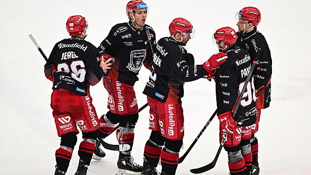 Hokejist� Hradce Kr�lov� se raduj� z g�lu proti Litv�novu.