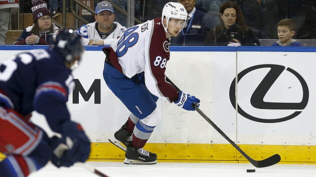 Martin Ne�as z Colorada kontroluje puk v utk�n� s New York Rangers.