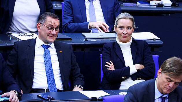 Spolup�edsedov� Alternativy pro N�mecko (AfD) Tino Chrupalla a Alice Weidelov� v n�meck�m Bundestagu (29. ledna 2025)
