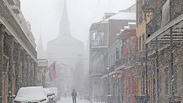 Texas a dal�� oblasti Spojen�ch st�t� kolem Mexick�ho z�livu zasypal sn�h. Sn�mek poch�z� z New Orleans v Louisian�. (21. ledna 2025)