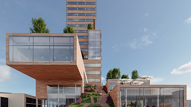 Do n�st�e�n�ho parku chystan�ho brn�nsk�ho mrakodrapu H Tower se lid� dostanou po schodi�ti p��mo z ulice, zele� je za�len�na i do fas�dy v terakotov� barv�.