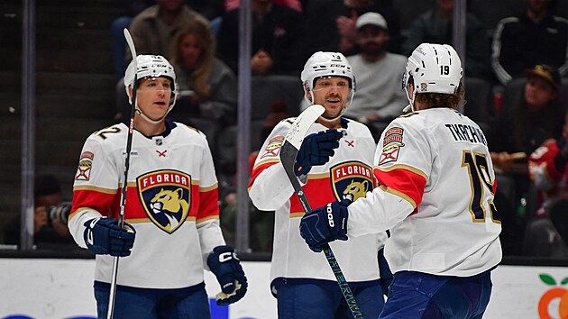 Tom� Nosek, Sam Reinhart a Matthew Tkachuk (zleva) slav� g�l Florida Panthers.
