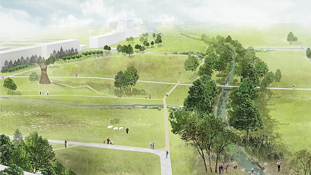 Dvanctihektarov park v Jin bude tvoit travnat ps a koryto Cidliny se vzrostlej vegetac.