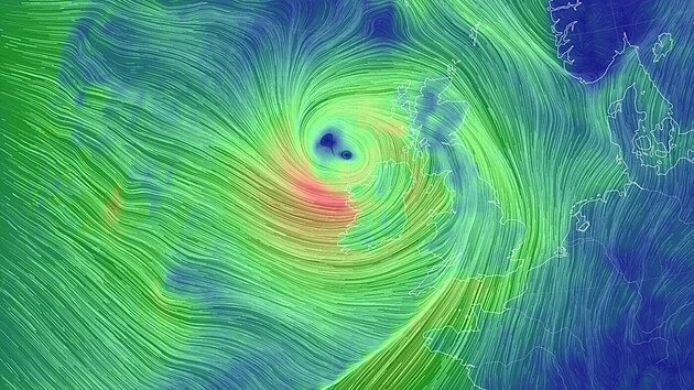 P�edpokl�dan� trasa a s�la v�tru bou�e �owyn v 5 hodin r�no 24. ledna 2025. Ta se �ene na Irsko, Severn� Irsko a Skotsko.