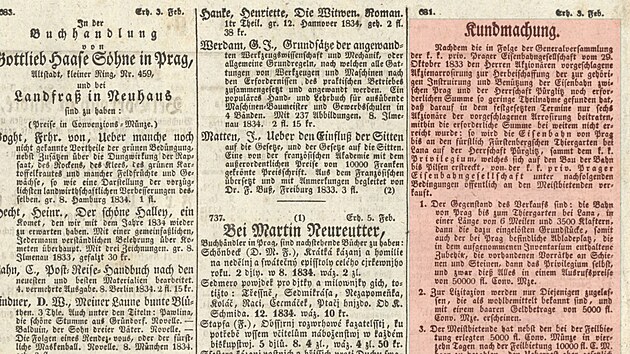 Vyhl�ka oznamuj�c� prodej pra�sko-l�nsk� kon�sp�e�ky. Prager Zetung z 9. �nora 1834