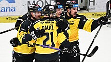 Hokejisté Litvínova slaví trefu proti Hradci Králové.