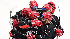 Hrá�i Hradce Králové slaví gól do vítkovické brány.