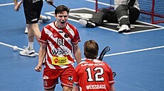 Gustav Fritzell z Pixbo se raduje z gólu proti Mladé Boleslavi ve finále...