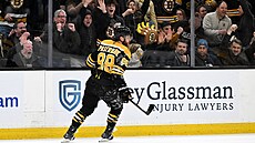 David Pastr�ák z Bostonu slaví trefu do prázdné brány v utkání s Coloradem.