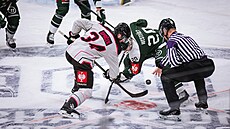 Spar�anský úto�ník Michael �pa�ek bojuje na buly o puk s forvardem Färjestadu...